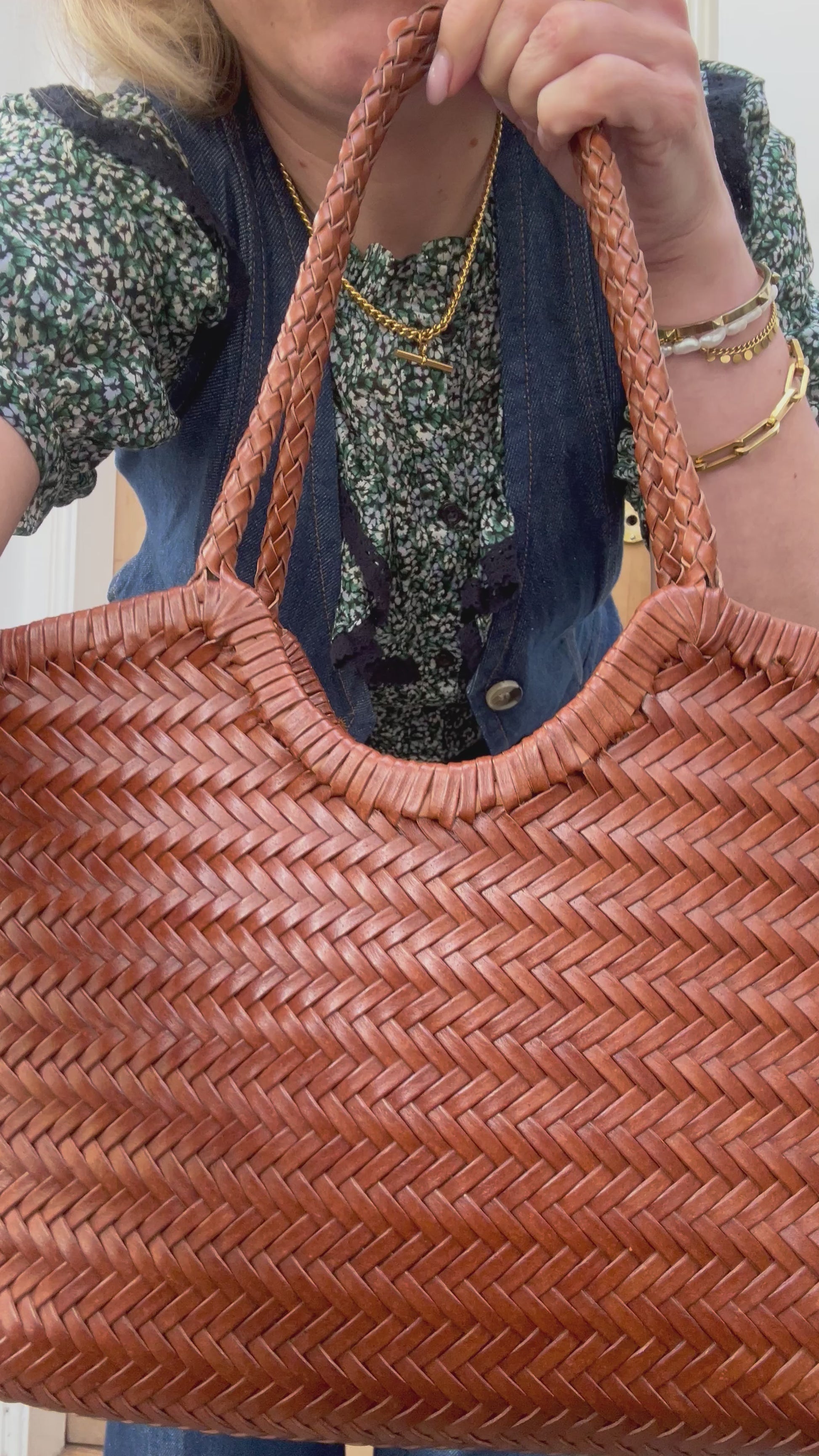 woven leather tote handbag