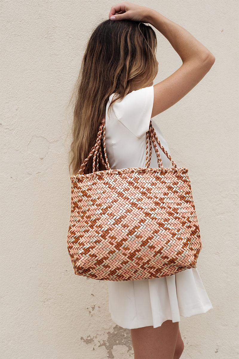 woven leather tote handbag