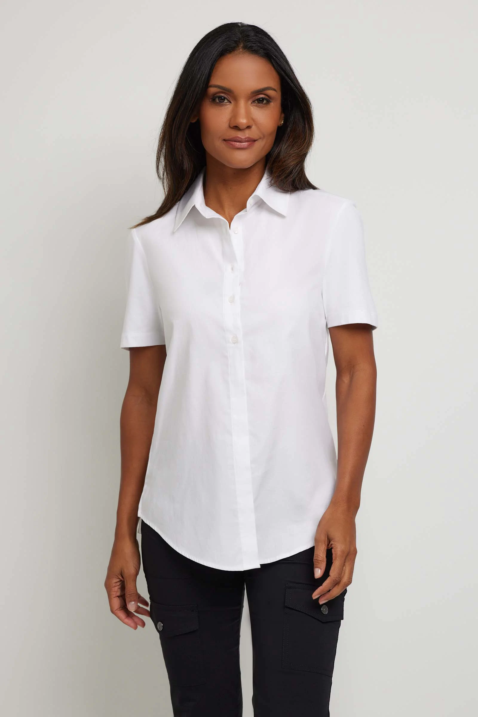 Upgrade Your Look with a Womens Short Sleeve White Button Down:  Classic Style Meets Modern Comfort, Perfect Addition.